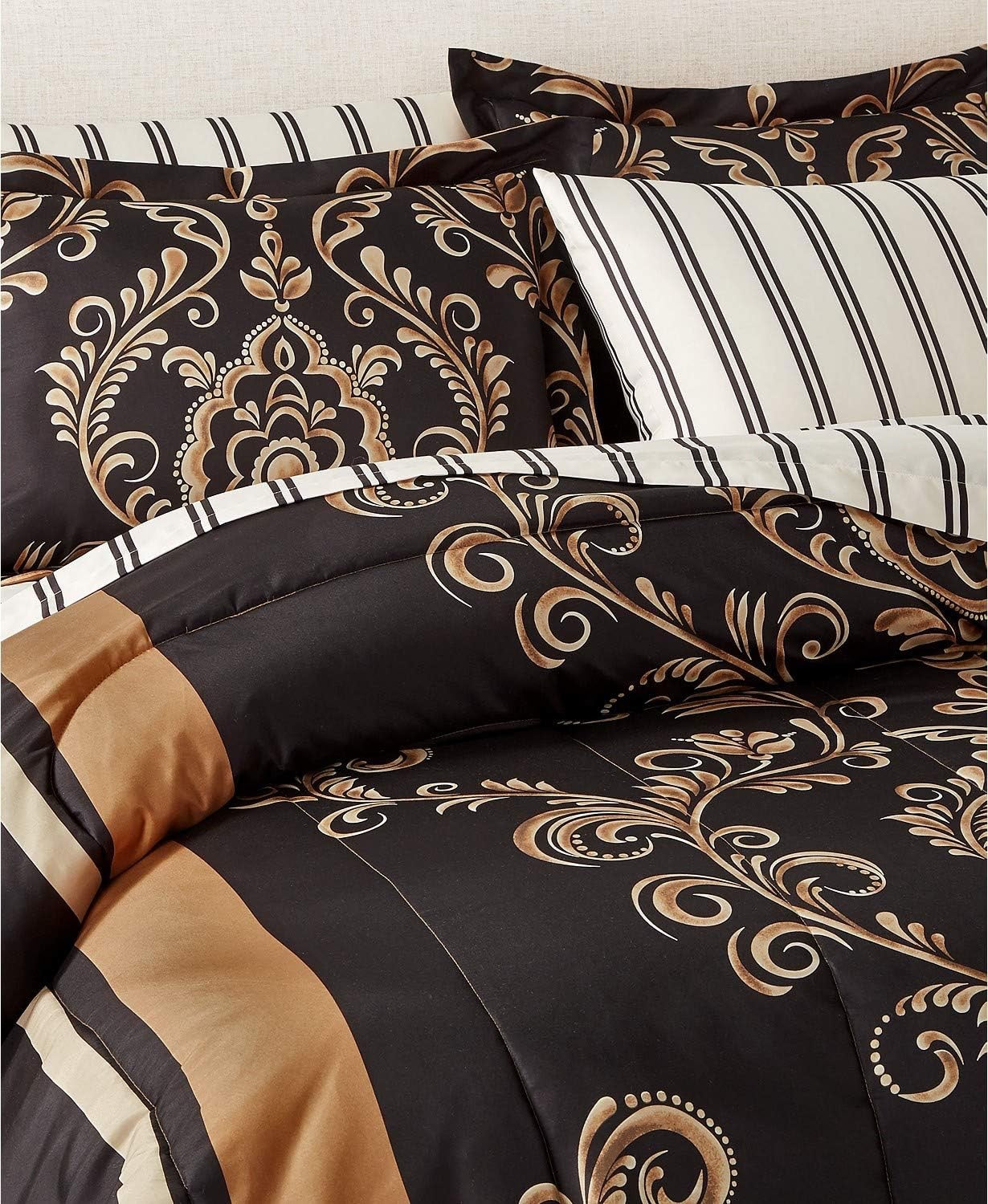 Queen Lanwood Home Sabrina Damask 8-Piece Bed-in-A-Bag Comforter Set with Comforter, Pillow Shams, 4-Piece Sheet Set, & Bed Skirt, Black/Gold