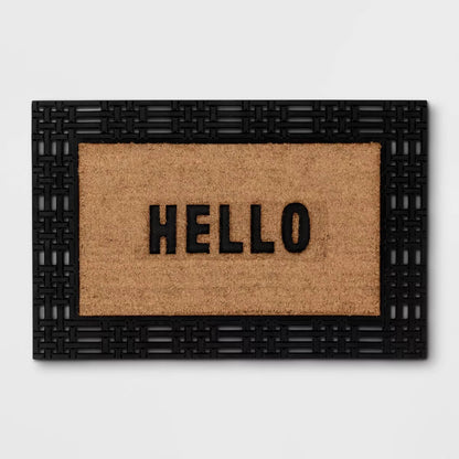 1'11"x2'11" 'Hello' Rubber Coir Doormat Natural/Black - Threshold™: Outdoor Welcome Mat, Front Door Decor