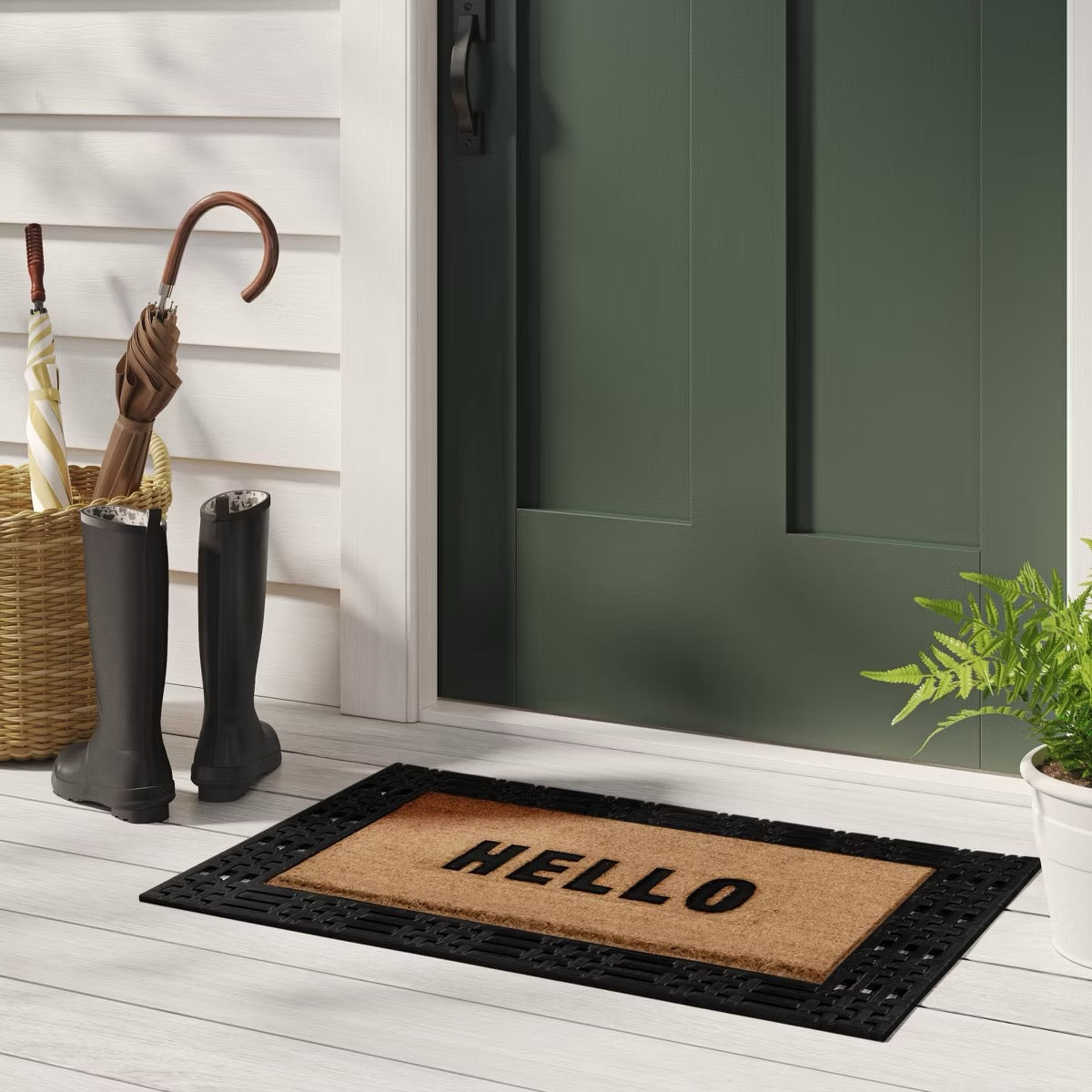 1'11"x2'11" 'Hello' Rubber Coir Doormat Natural/Black - Threshold™: Outdoor Welcome Mat, Front Door Decor