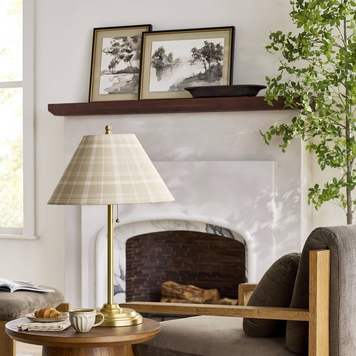 23" Brass Accent Table Lamp with Classic Plaid Shade Cream/Tan - Hearth & Hand with Magnolia