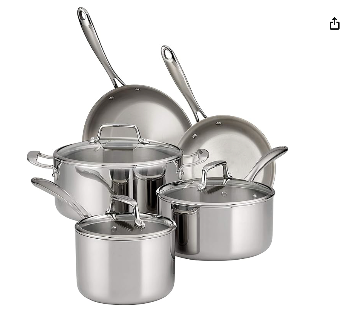 Tramontina Stainless Steel Tri-Ply Clad 8-Piece Cookware Set, Glass Lids,