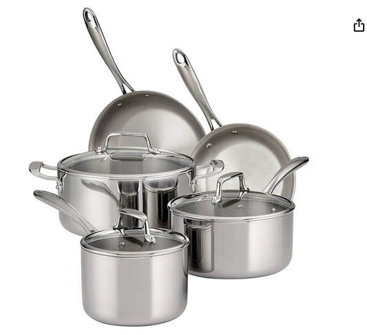 Tramontina Stainless Steel Tri-Ply Clad 8-Piece Cookware Set, Glass Lids,