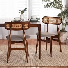 Set of 2 Baxton Studio Tarana Fabric and Wood Dining Chairs: Mid-Century, Rattan Detail, Foam Padded